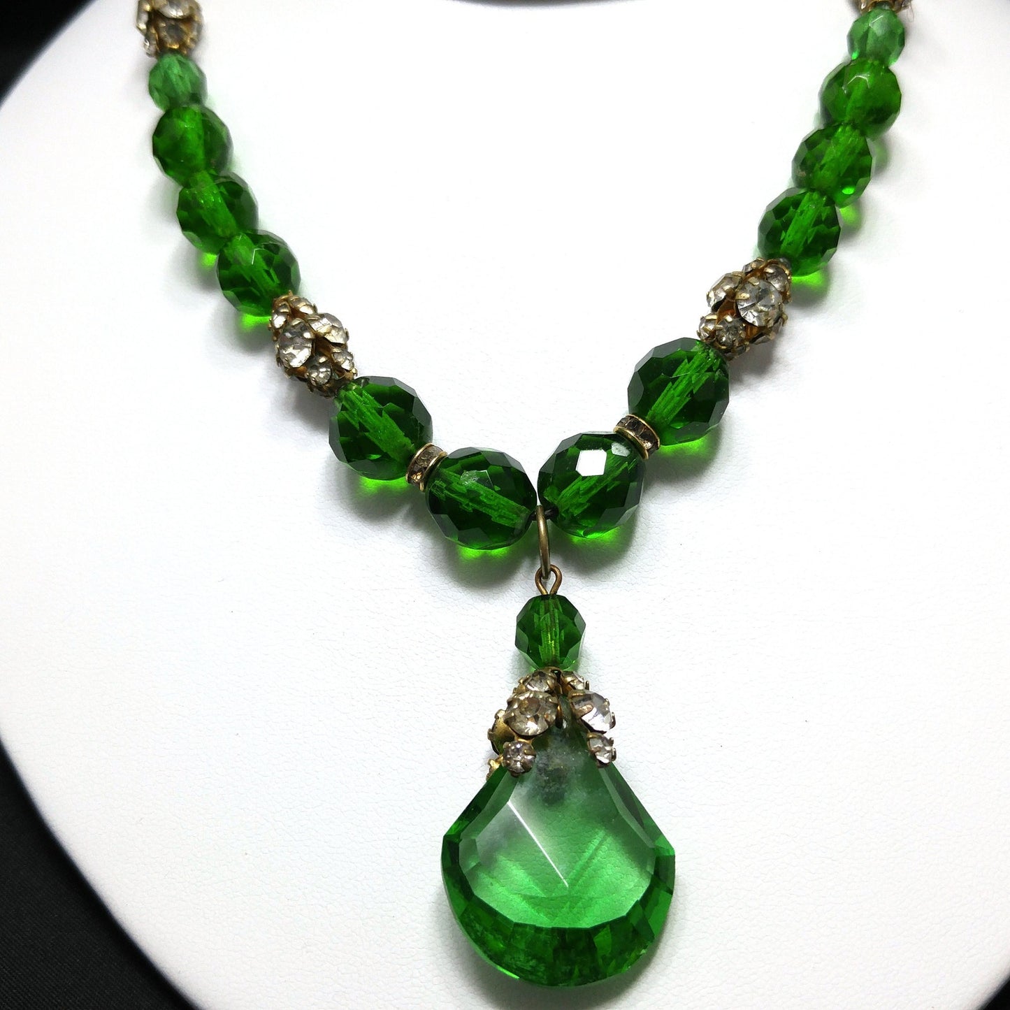 Green Czech Glass Pendant Necklace, Clear Rhinestones, 1950s Vintage Jewelry