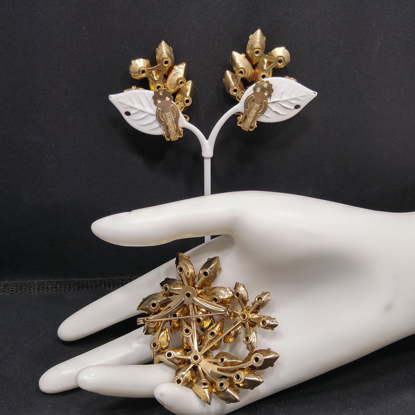 Vintage Beau Jewels Rhinestone Set – 1950s Brooch & Earrings, Red AB Crystals