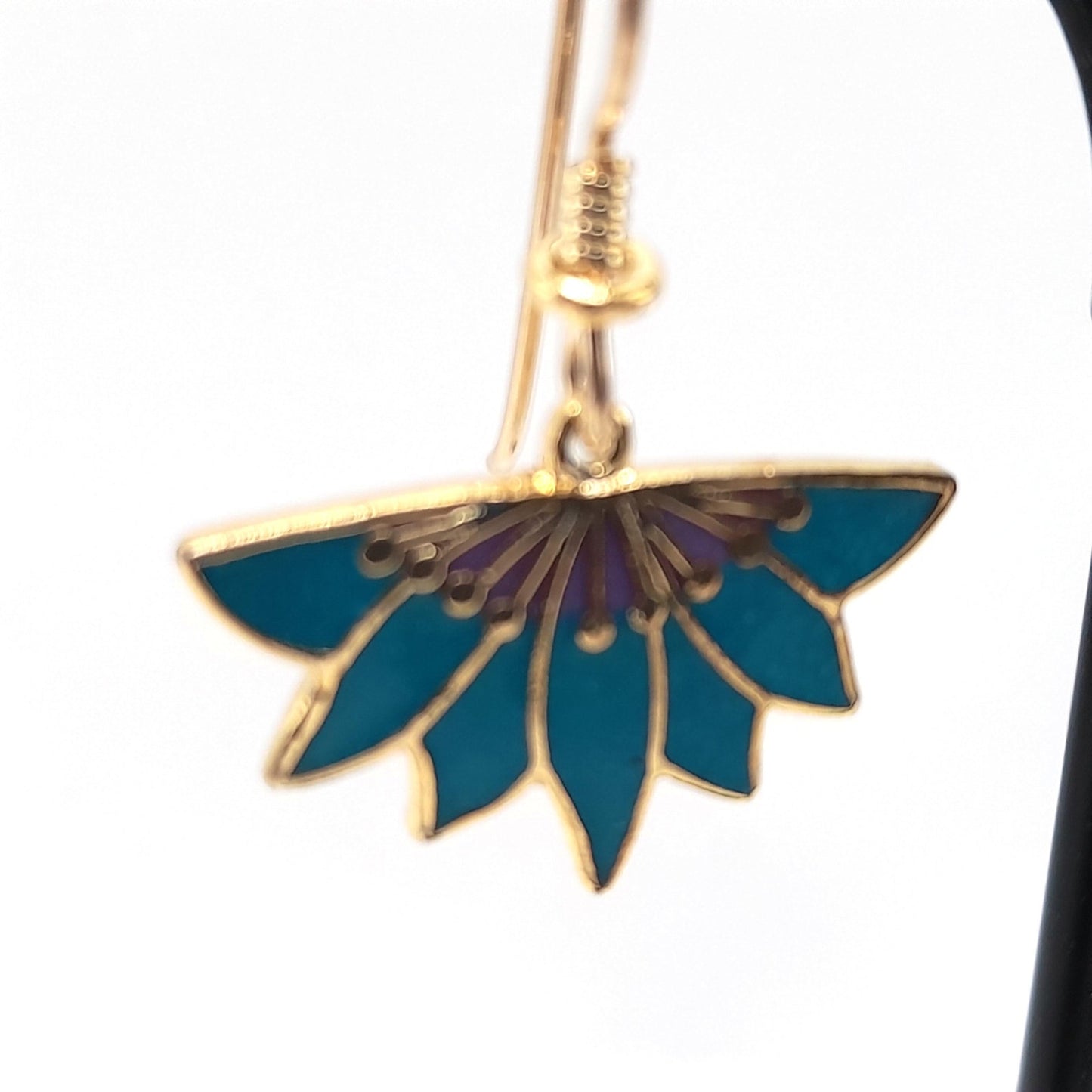 Vintage Laurel Burch Floral Earrings, Gold Plated, Teal Green Enamel