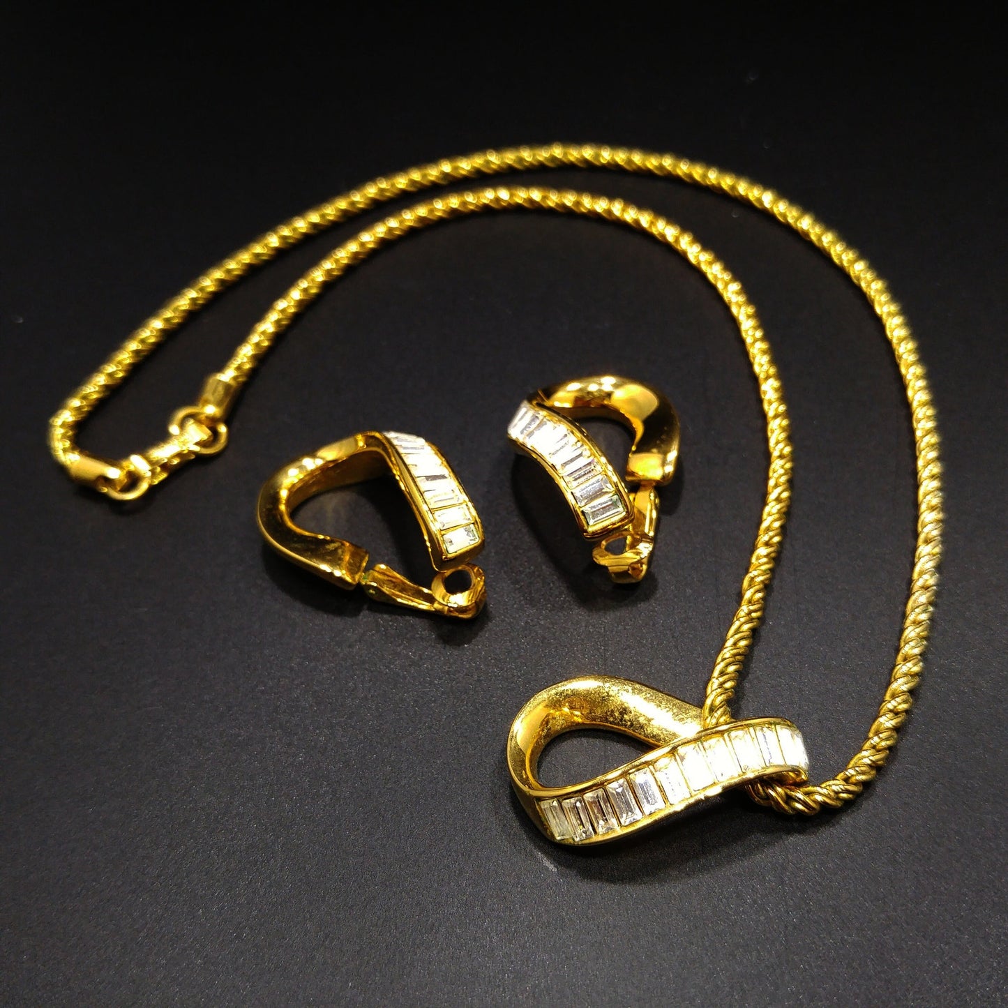 Swarovski Swan Logo Clear Rhinestone Earrings Necklace, 1990s Vintage Jewelry