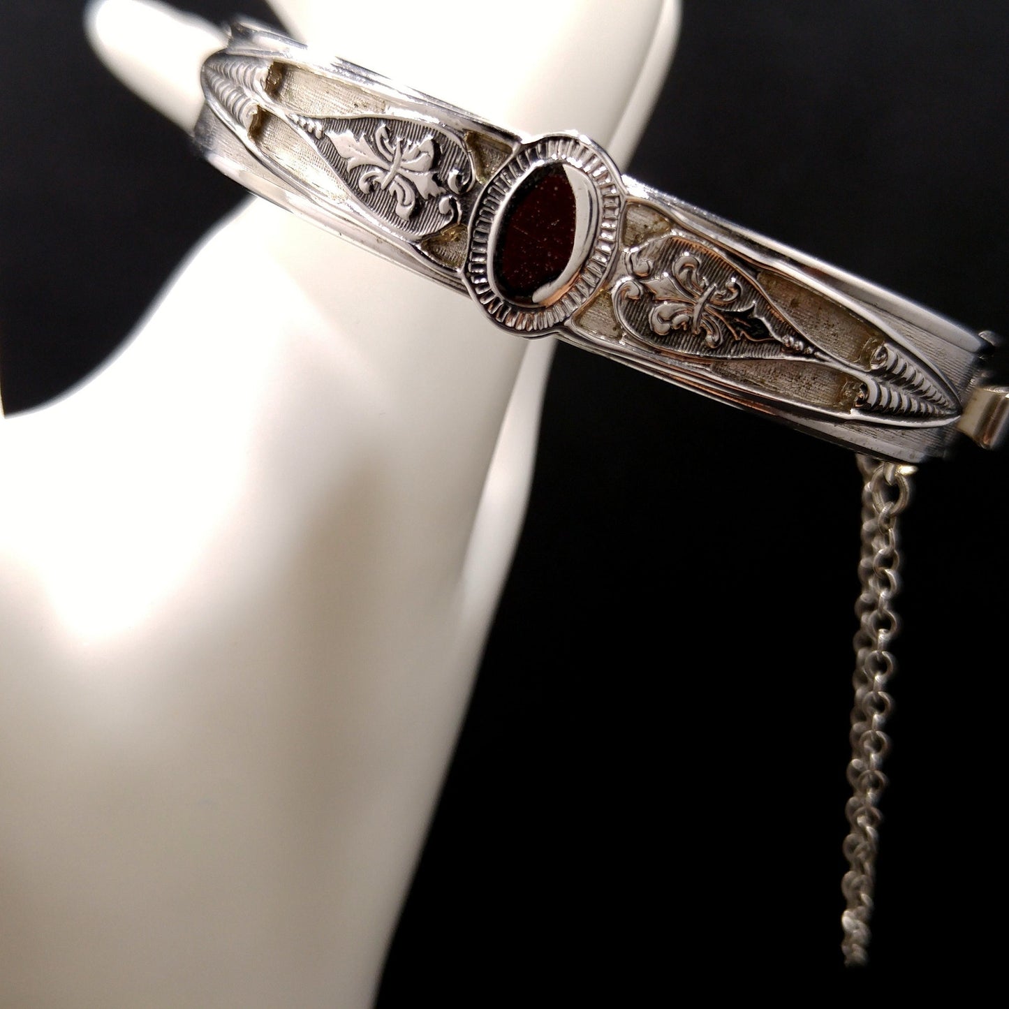 Whiting & Davis Rhodium Plated Hinged Bracelet, Safety Chain, 1960s Vintage Jewelry