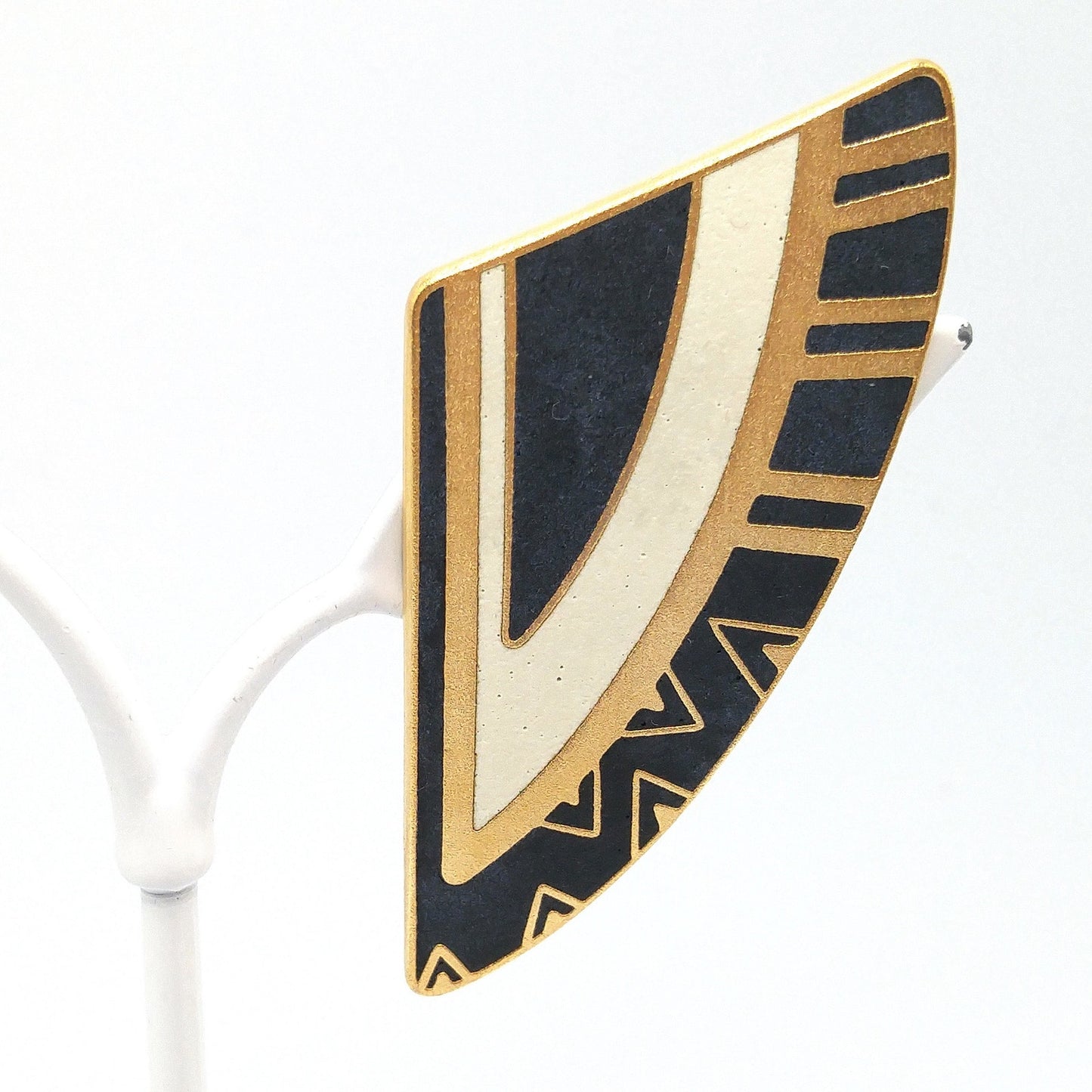 Laurel Burch Geometric Large Clip Earrings, Black White Enamel, Gold Plated, 1990s Vintage Jewelry