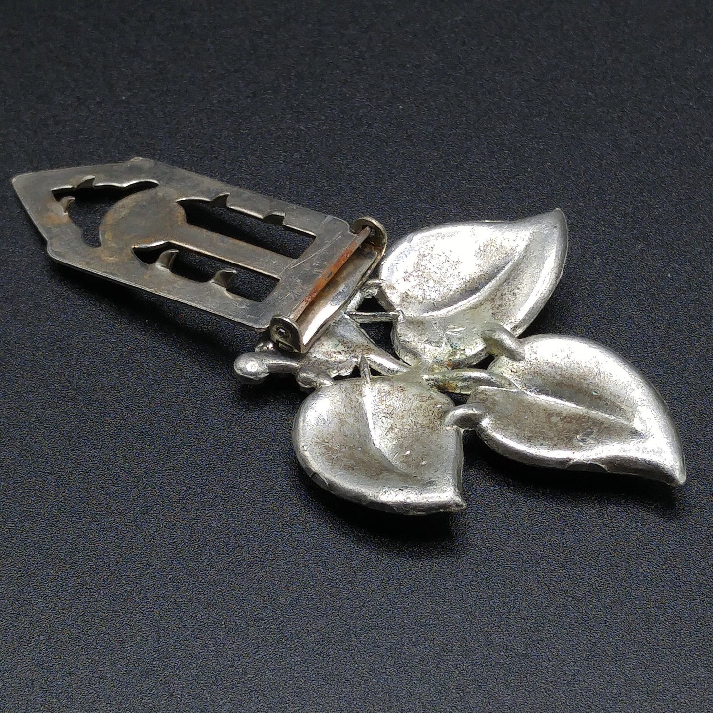 Leaves Clear Rhinestone Dress Clip, Pot Metal, 1930s Vintage Jewelry