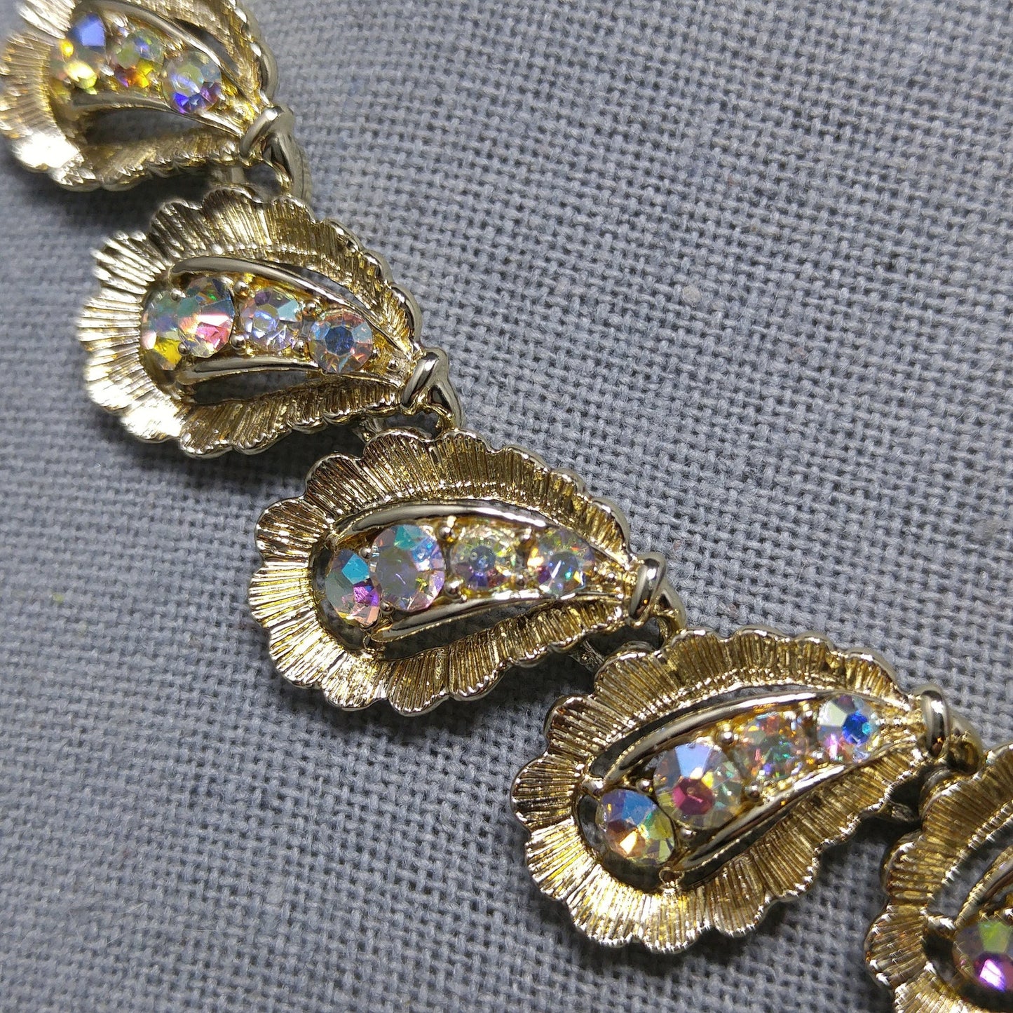 Aurora Borealis Rhinestone Necklace, Gold Plated Choker, 1960s Vintage Jewelry