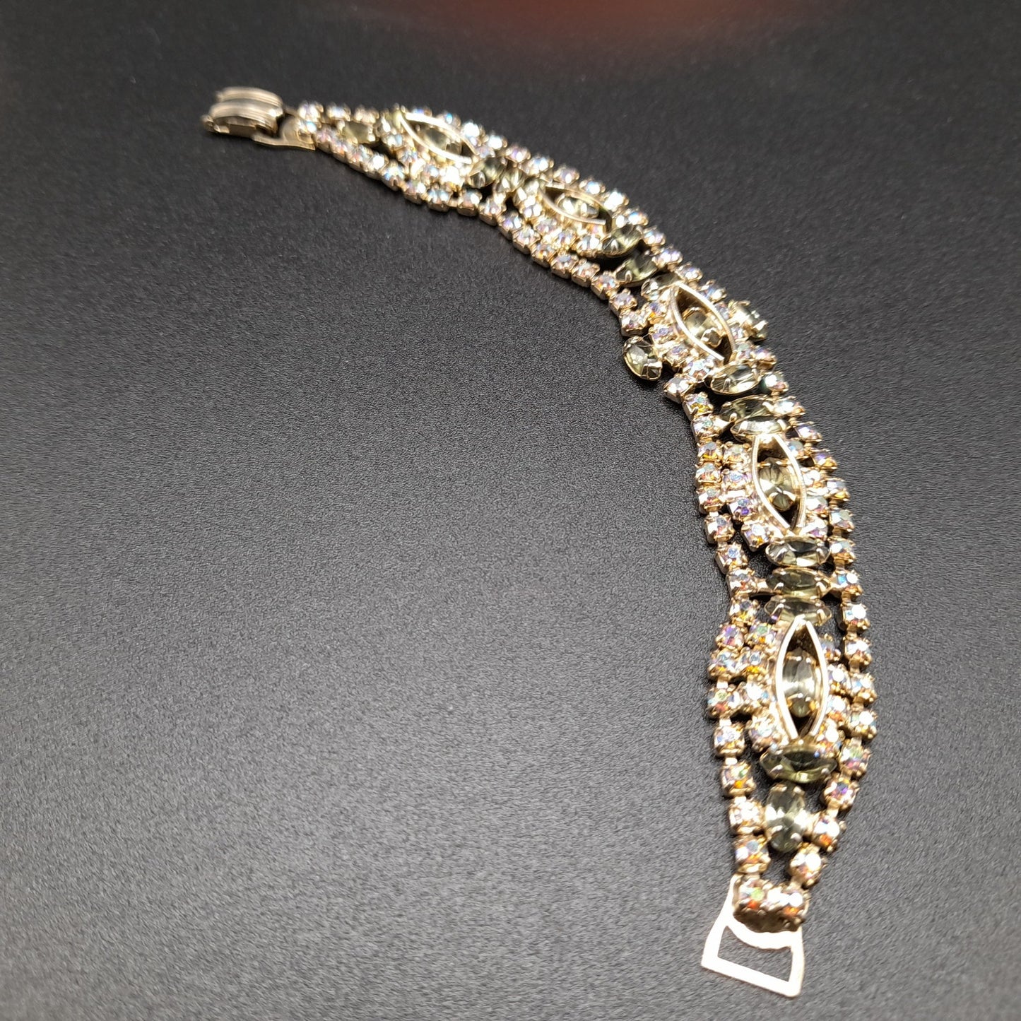 Green Aurora Borealis Rhinestone Bracelet, Mid-Century, 1950s Vintage Jewelry