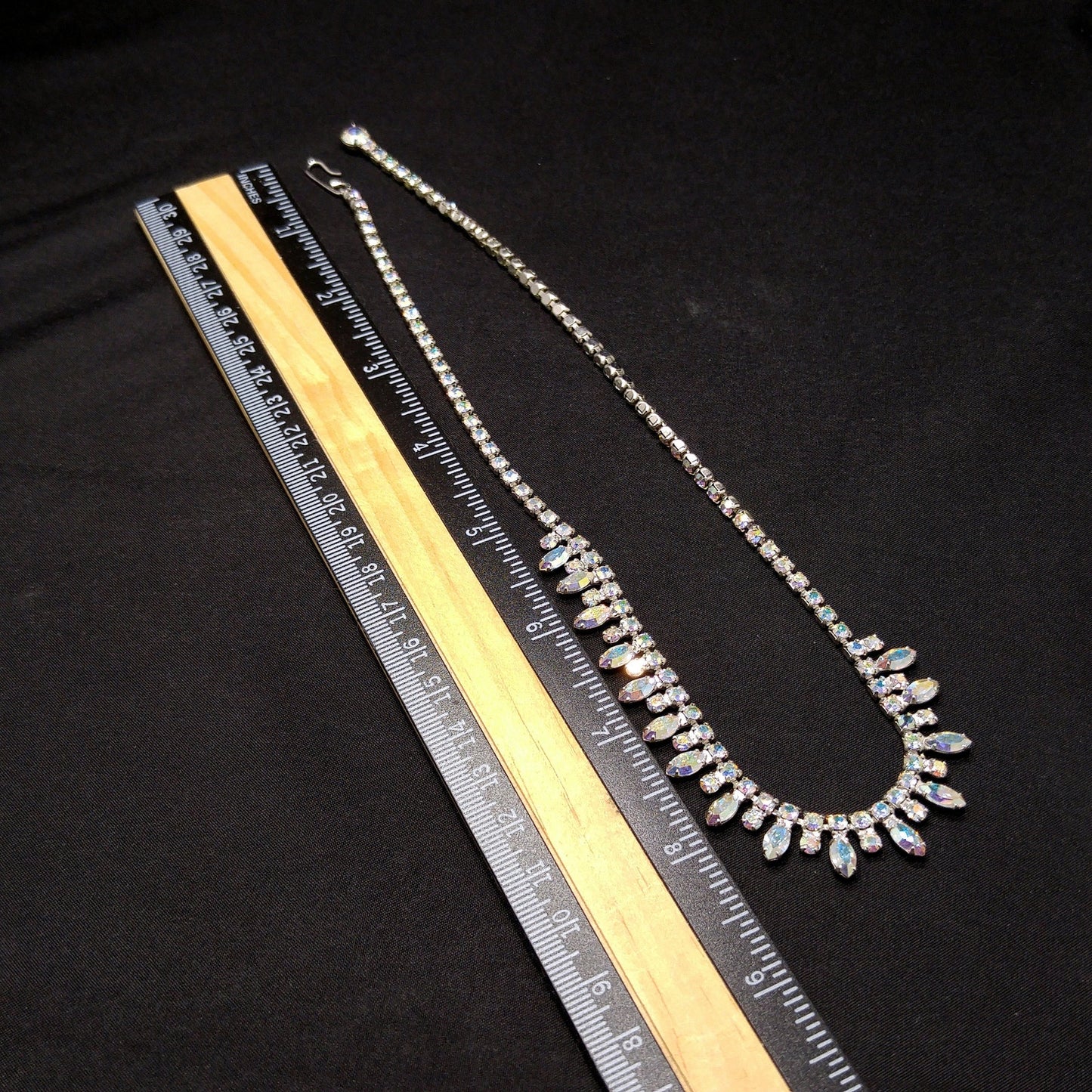 B. David Aurora Borealis Rhinestone Necklace, Rhodium Plated, 1960s Vintage
