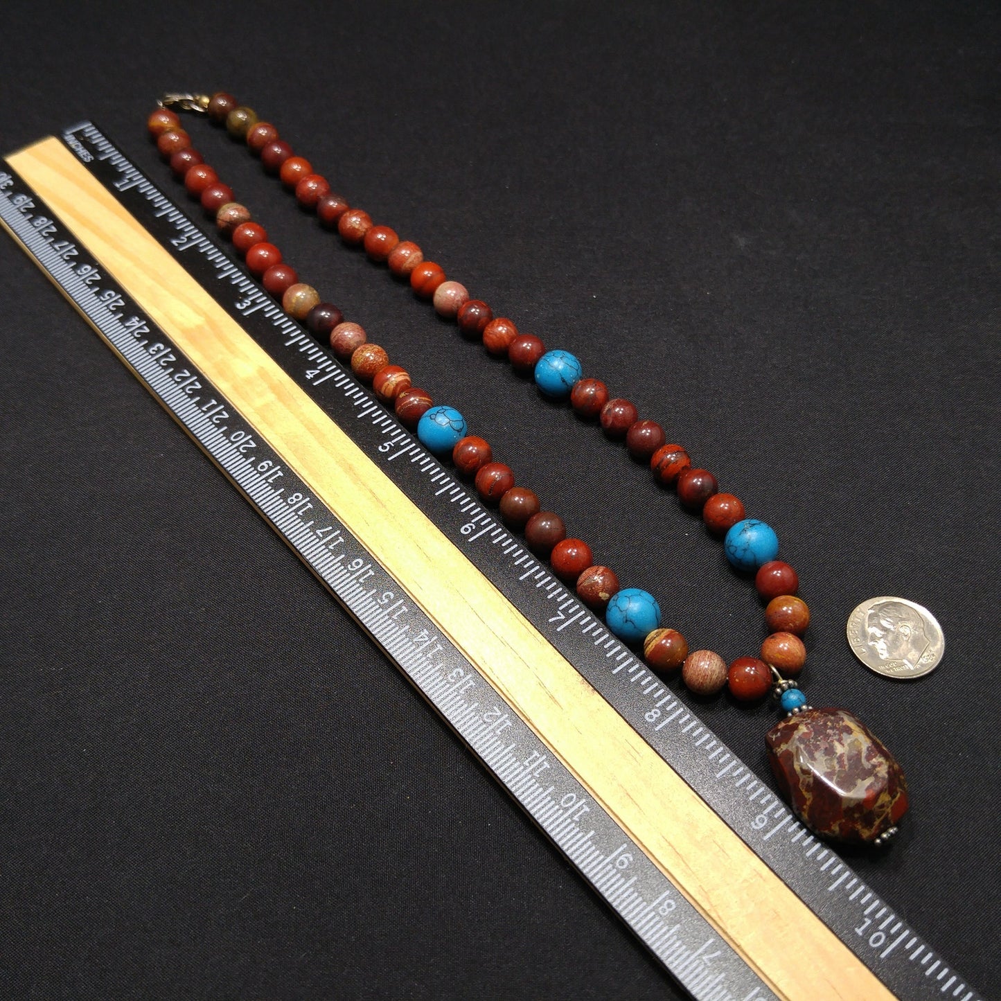 Gemstone Pendant Beaded Necklace, Red Jasper, 1980s Vintage Jewelry