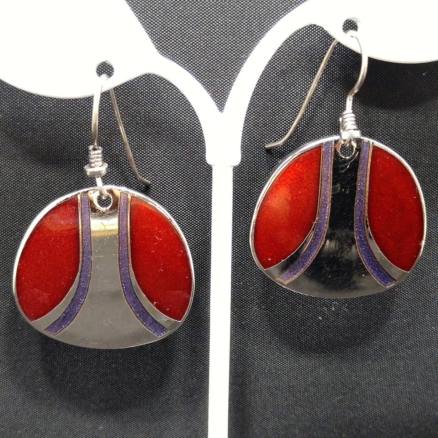 Vintage Laurel Burch Red Metallic Purple Silver Earrings, Rhodium Plated