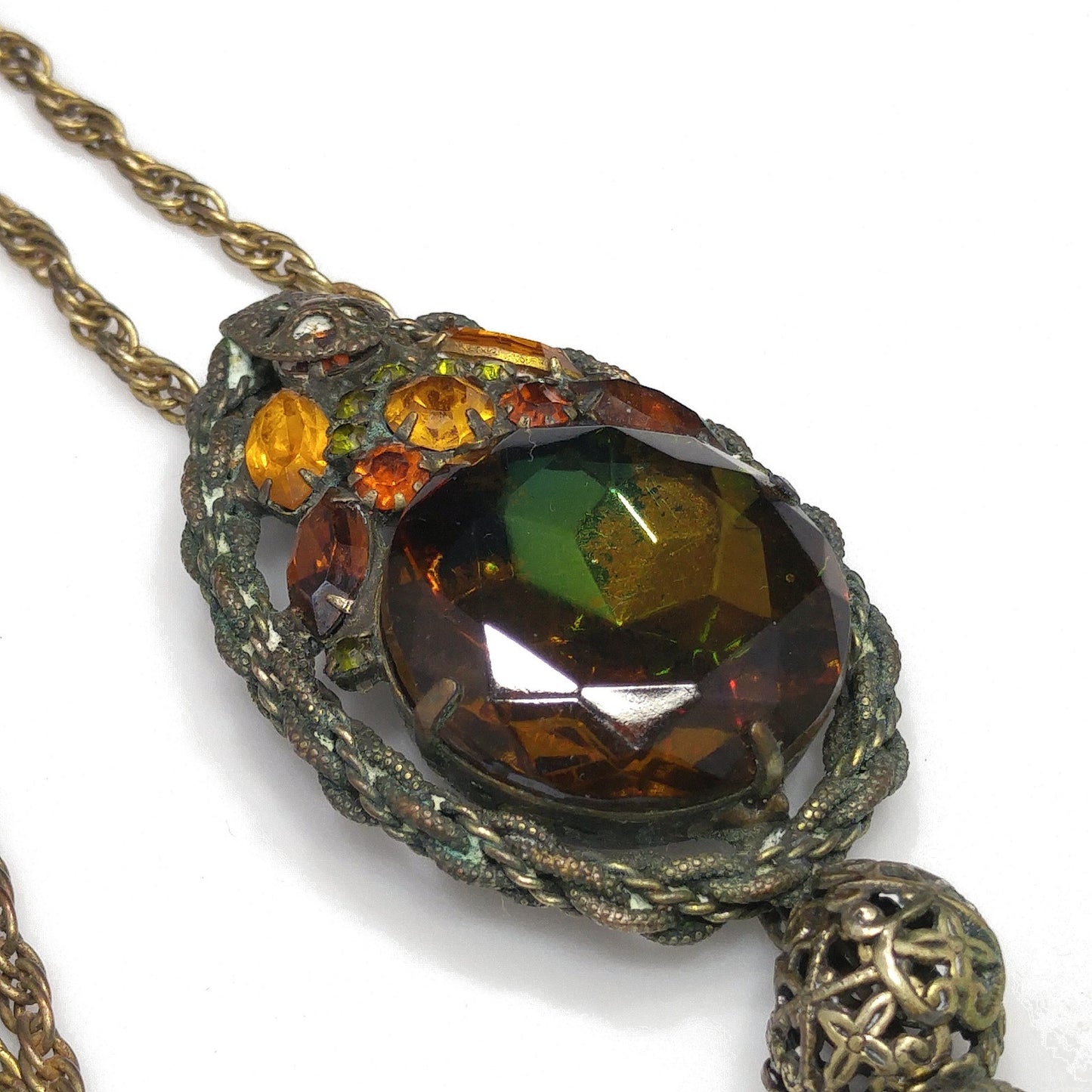 Victorian Purple Topaz Glass Pendant Necklace, Golden Brass, 1920s Vintage Jewelry