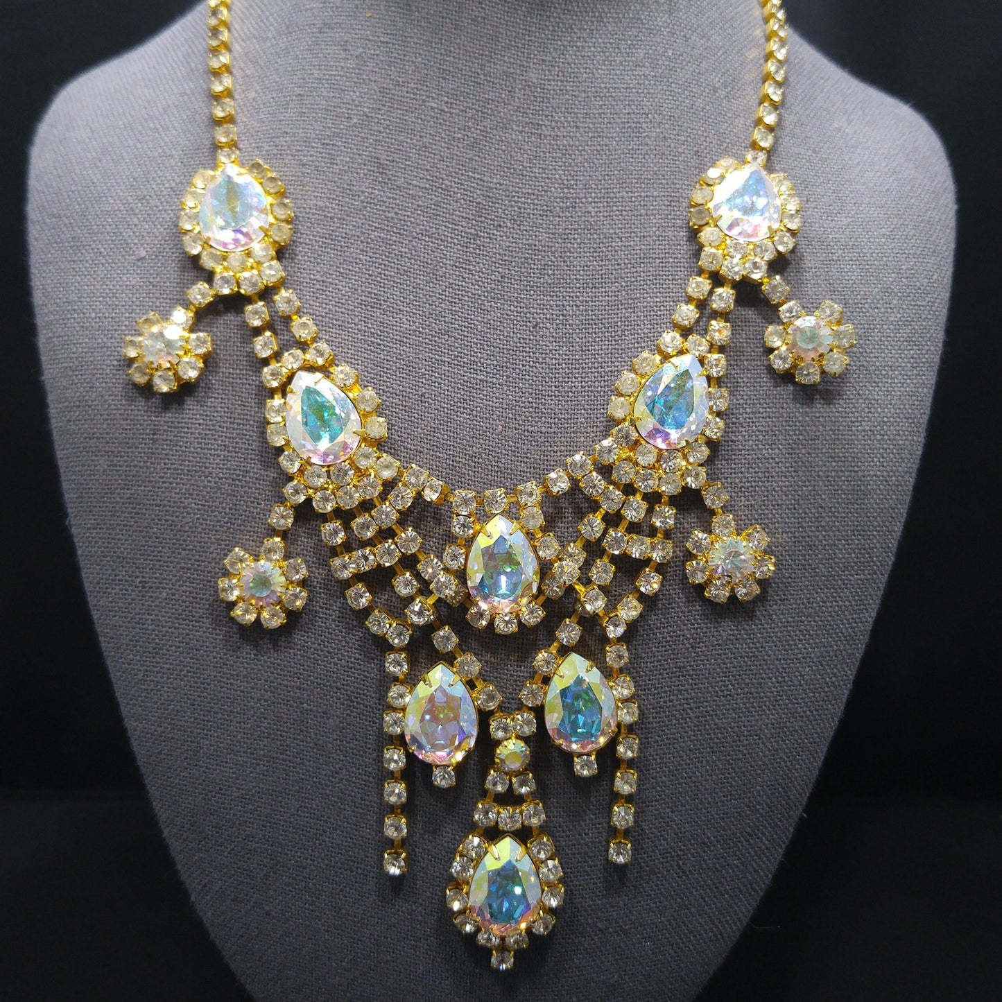 Aurora Borealis Rhinestone Frontal Necklace, Gold Plated, 21 Inches, 1970s Vintage Jewelry