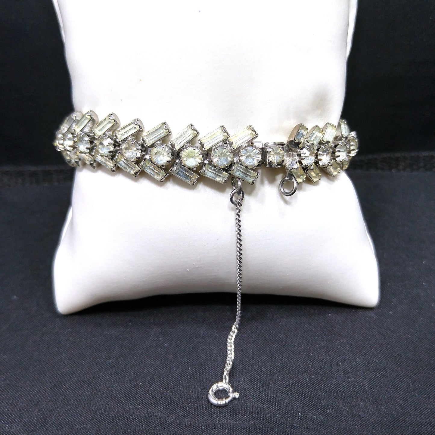 Weiss Clear Rhinestone Bracelet, Rhodium Plating, Safety Chain, 1940s Weiss