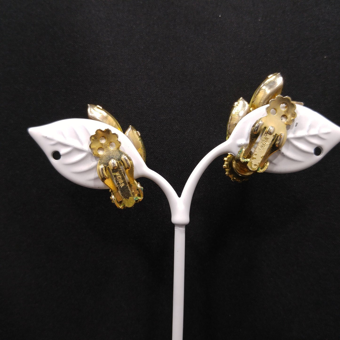Weiss Yellow Enamel Jonquil Rhinestone Clip Earrings, Gold Plated, 1950s Vintage