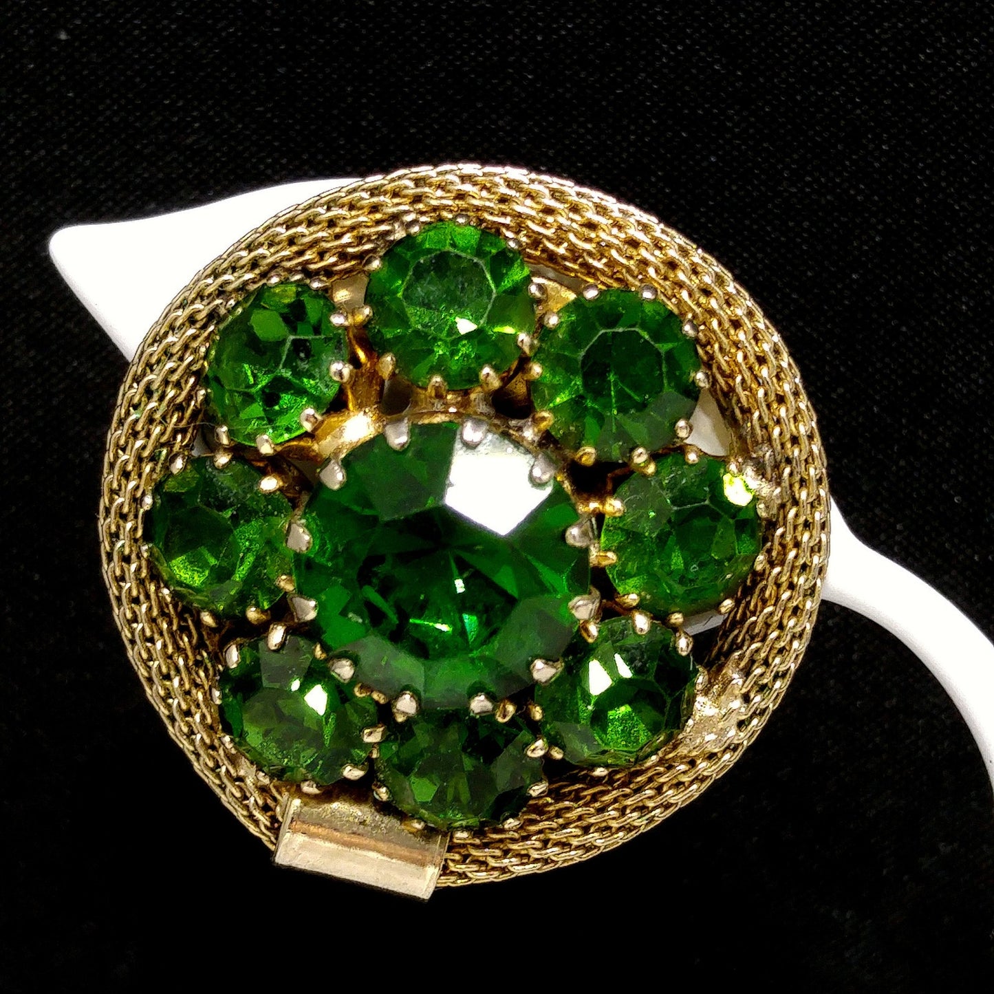 Weiss Green Rhinestone Gold Mesh Earrings, Emerald Green, Gold Plated, 1950s Vintage Jewelry