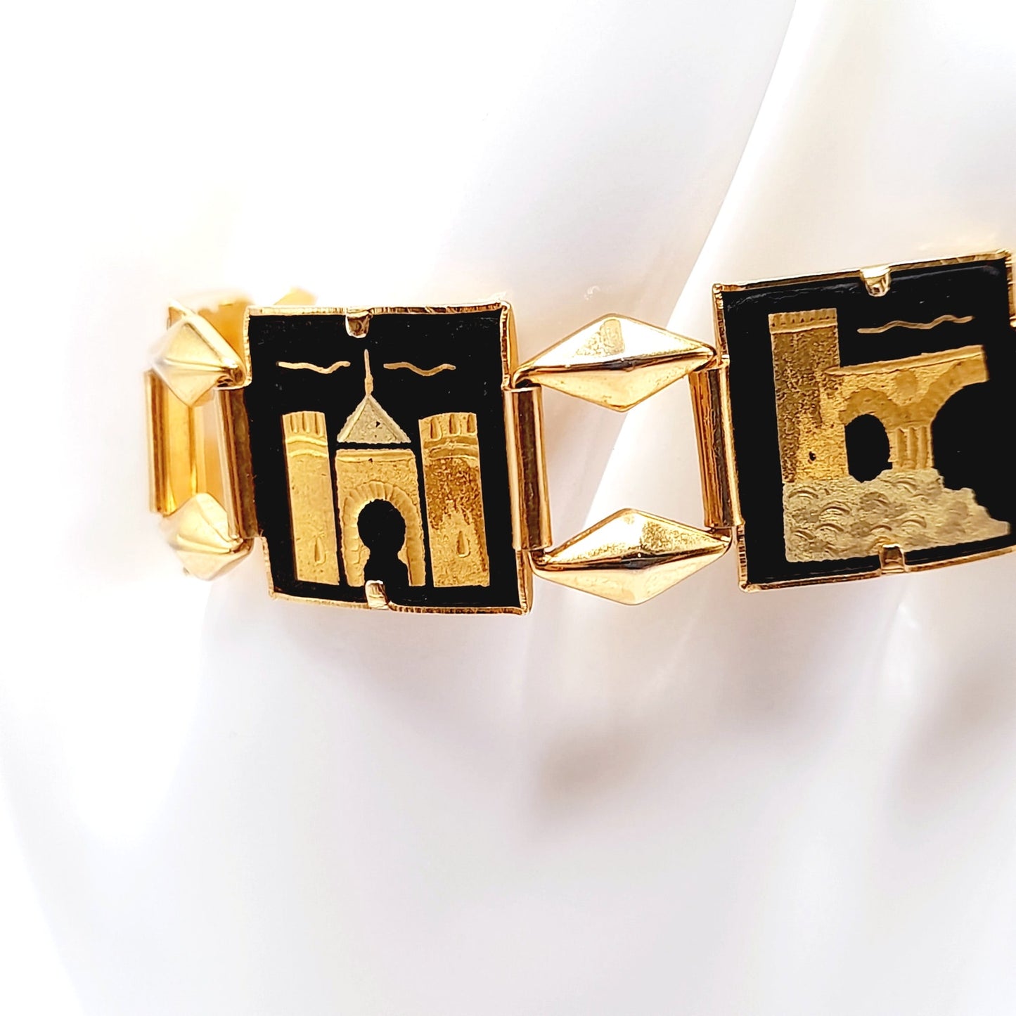 Vintage Damascene Castle Link Bracelet, Spanish Gold Black Jewelry, 7 Inch Chain