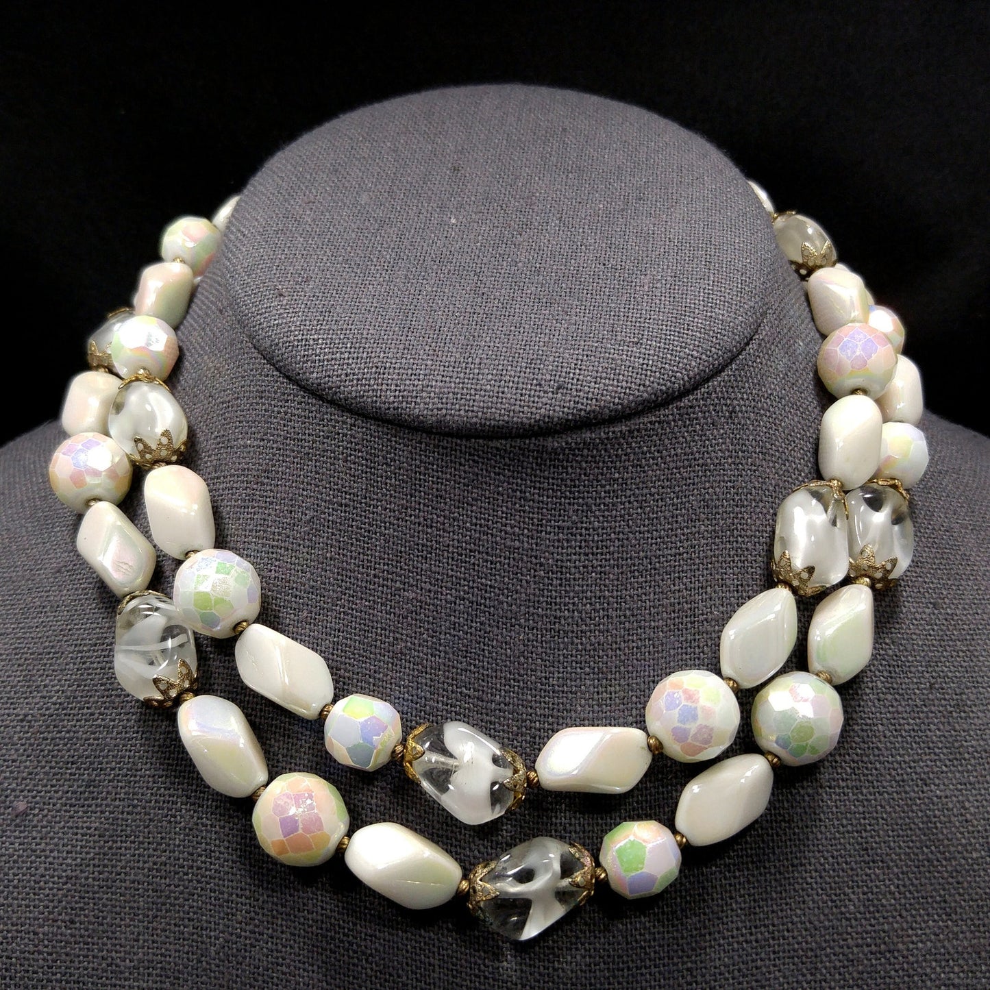 Vintage Czech White Glass Beaded Necklace, Art Glass Beads, 12K GF Clasp, 1950s Vintage Jewelry