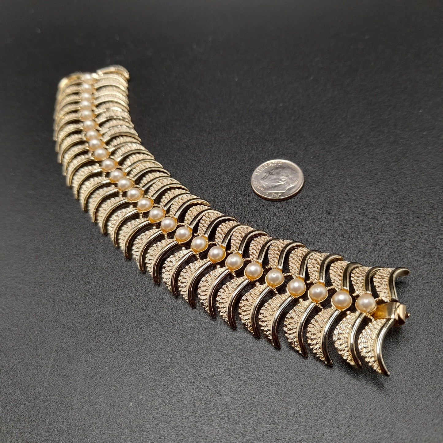 Vintage Kramer Wide Bracelet, Faux Pearls, Gold Plated, 1960s Jewelry