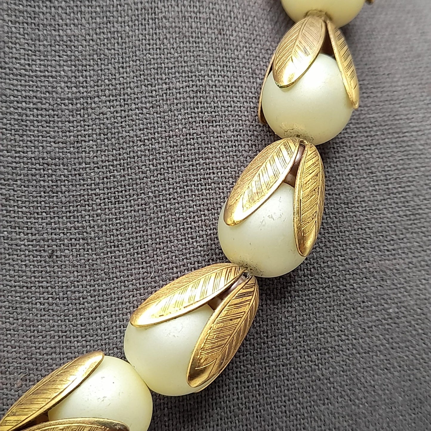 Lenora Dame Faux Pearl Necklace, Gold Tone Leaf Caps, Vintage Jewelry
