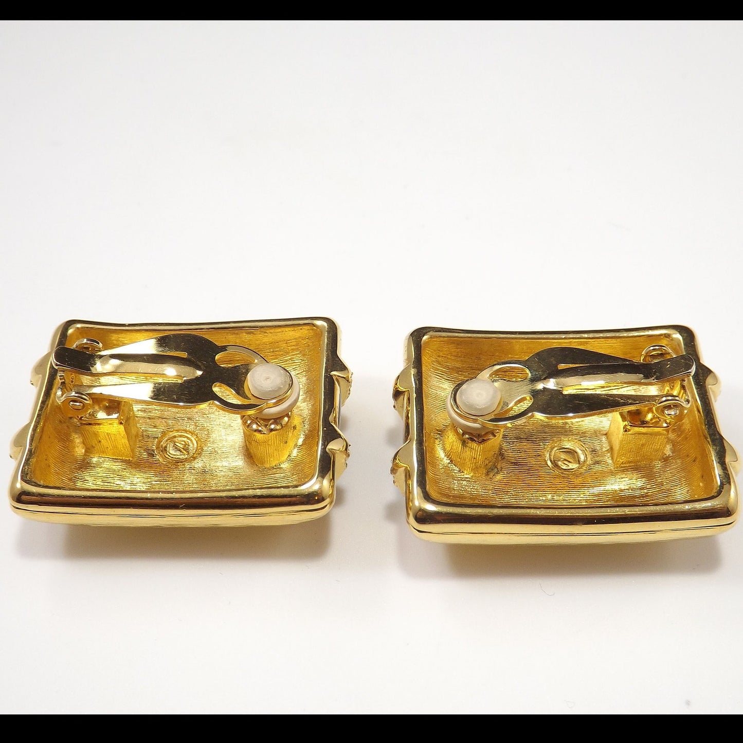 Vintage Swarovski Gold Black Enamel Clip Earrings, Crystal Rhinestones Swan Logo
