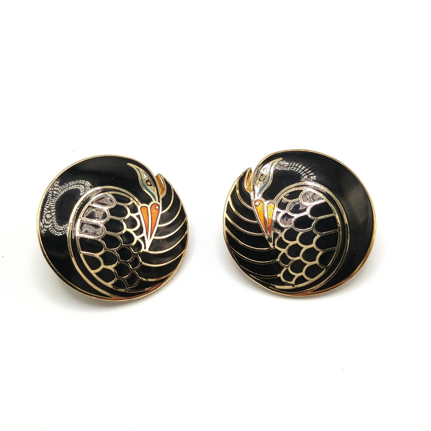 Laurel Burch "Mynah Bird" Black Clip Earrings, Gold Plated, 1980s Vintage