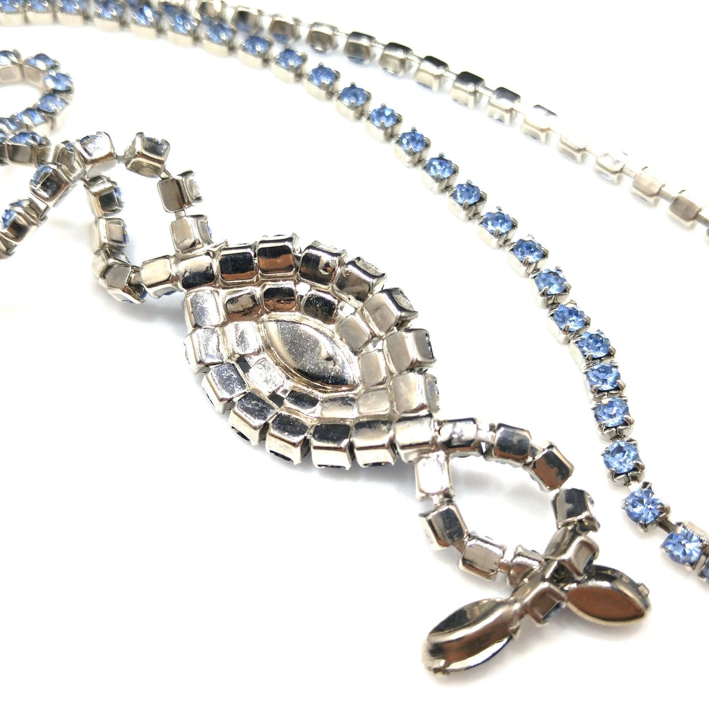 Mid Century Blue Rhinestone Rhodium Plated Necklace, Light & Dark Blue Rhinestones, 1960s Vintage Jewelry
