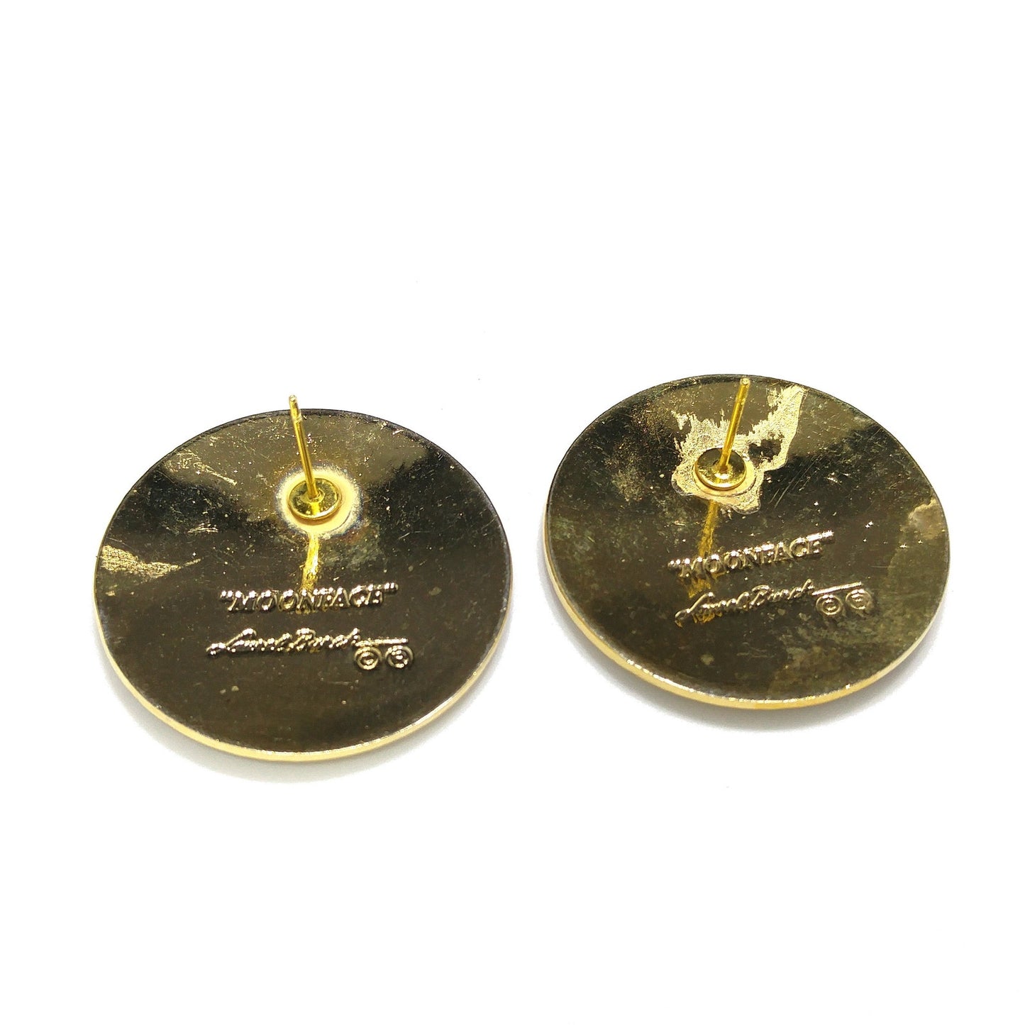 Laurel Burch "Moonface" Large Post Earrings, Cloisonné Gold Plate, Enamel Black White Purple, 1980s Vintage Jewelry