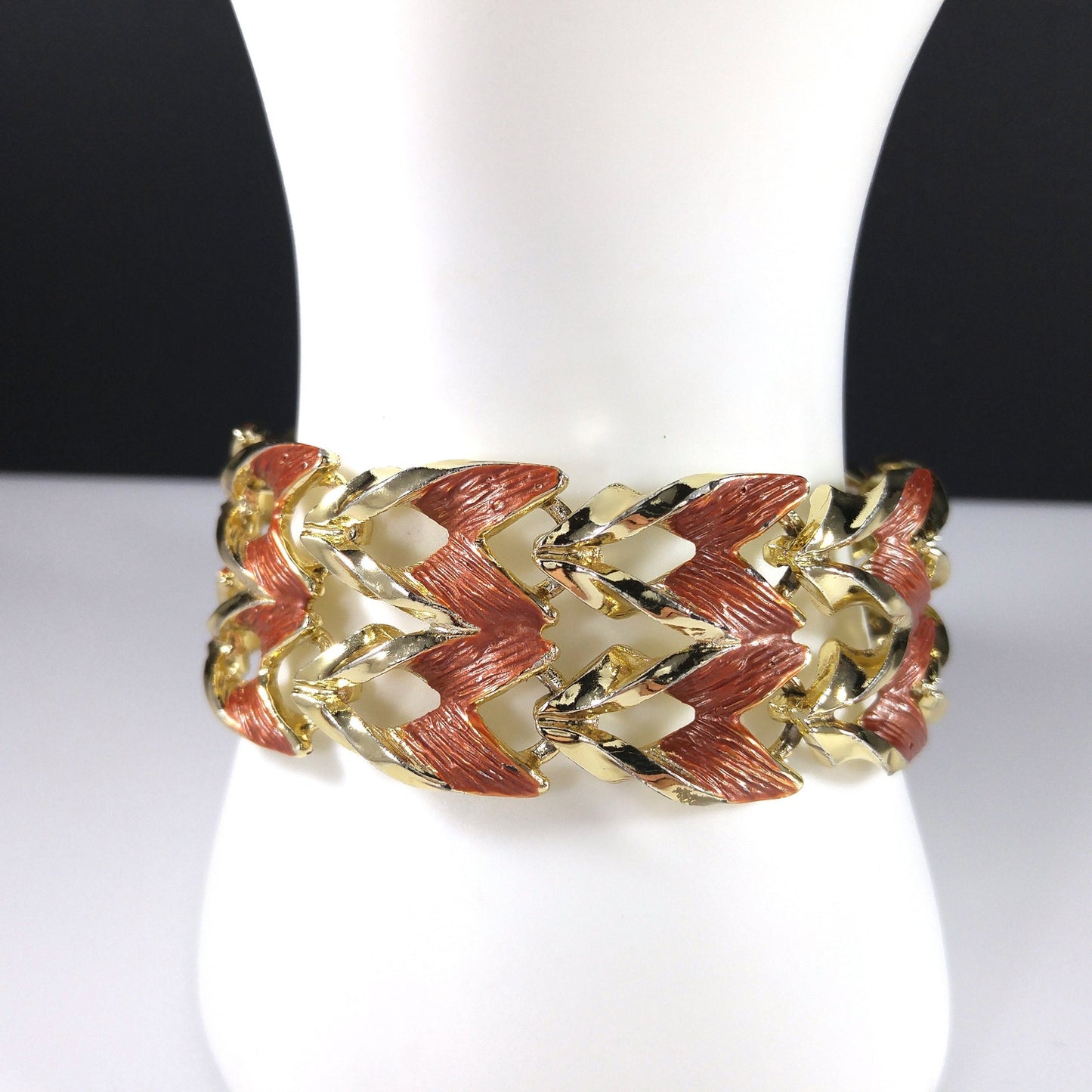 Rust Enamel Gold Plated Wide Link Bracelet, Mid Century Modern, 1950s Vintage Jewelry