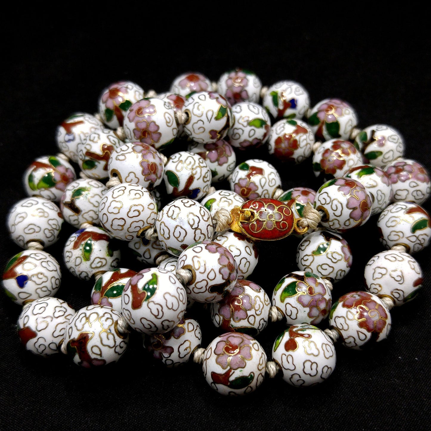 Vintage Cloisonne Beaded Necklace, Hand Knotted, Hand Painted Floral Beads, 1960s Vintage Jewelry