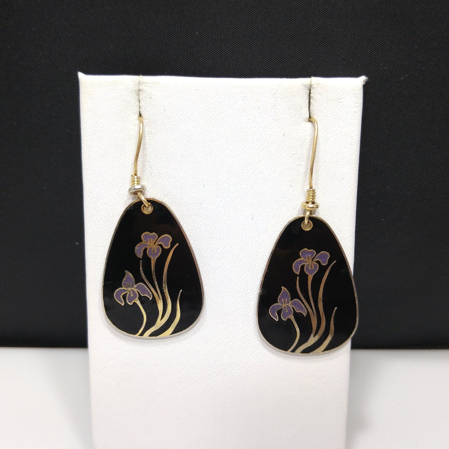Vintage Laurel Burch Black Enamel Purple Lily Earrings, Gold Plated