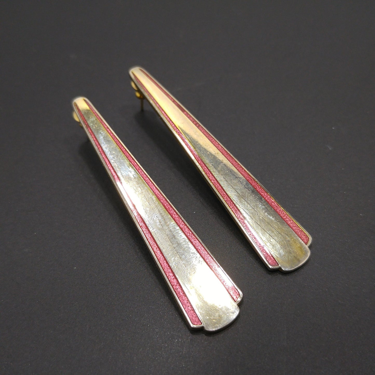 Vintage Laurel Burch Long Post Earrings, Gold Plated, Red Enamel