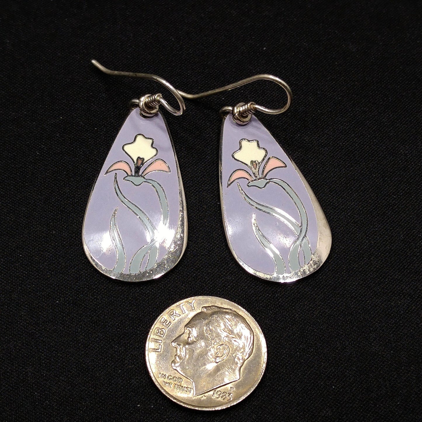 Laurel Burch "Wild Iris" Cloisonne Earrings, Lavender Enamel, White & Pink Flower, Rhodium Plate, 1980s Vintage Jewelry