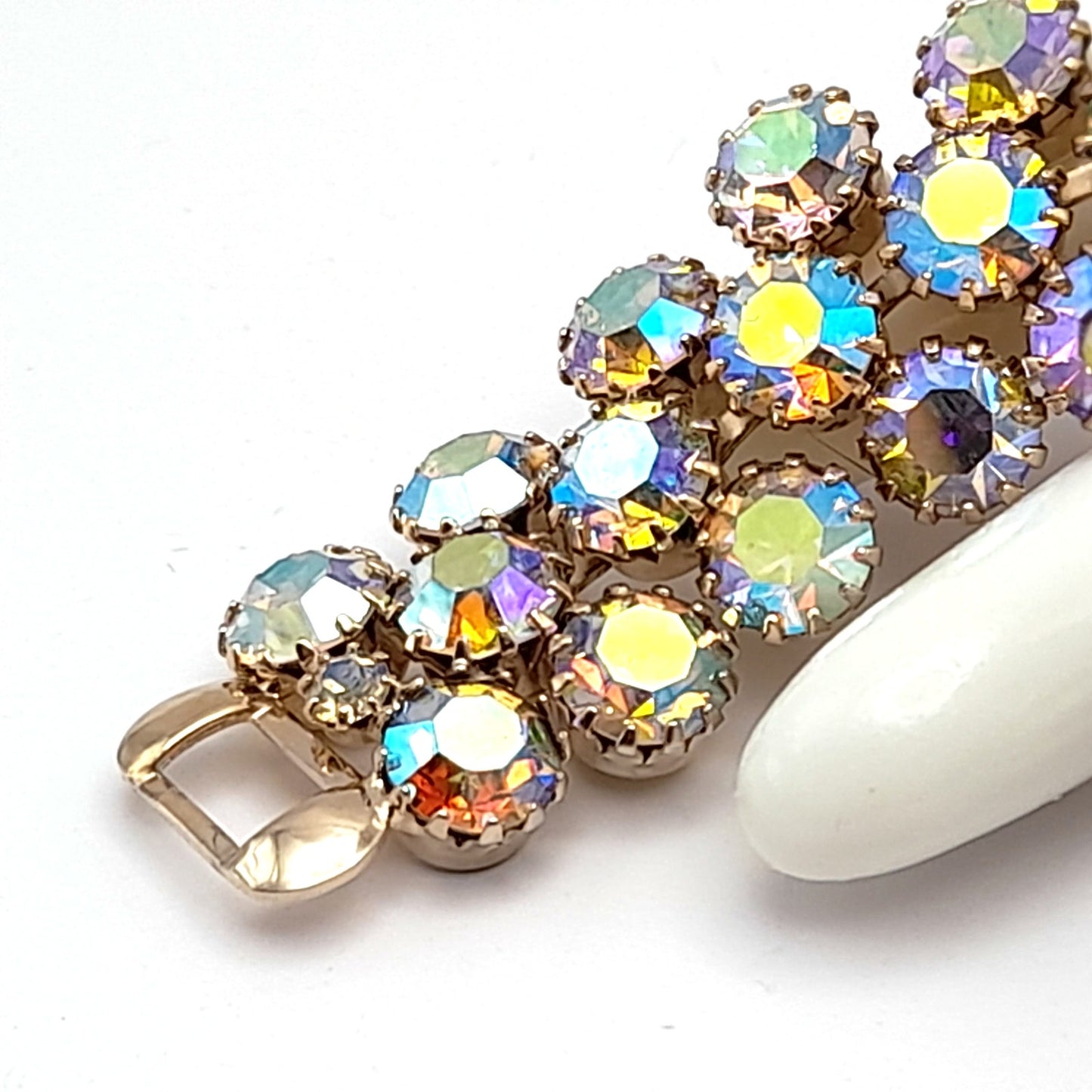Vintage Weiss Aurora Borealis Rhinestone Bracelet Gold Plated