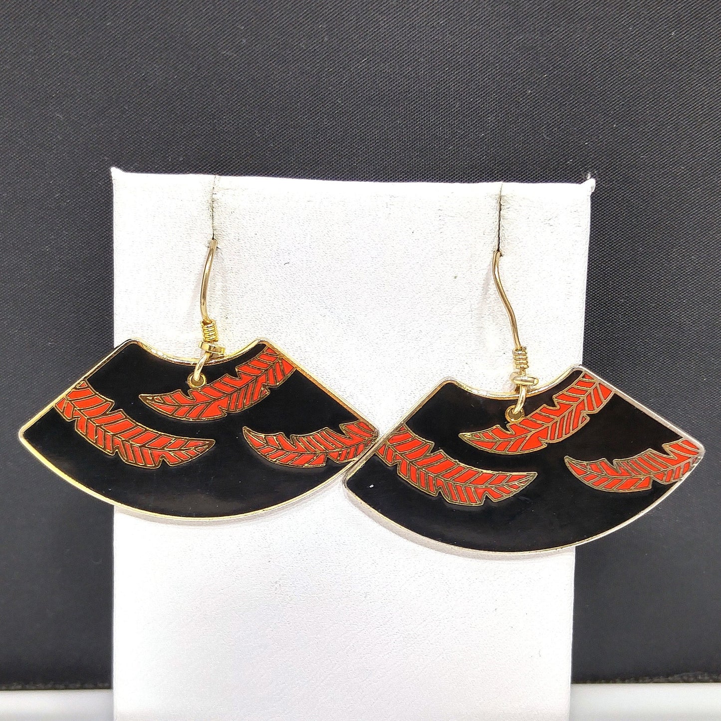 Laurel Burch Large Fan Earrings, Palm Leaves Design, Black Red Enamel, Gold Plated, 1980s