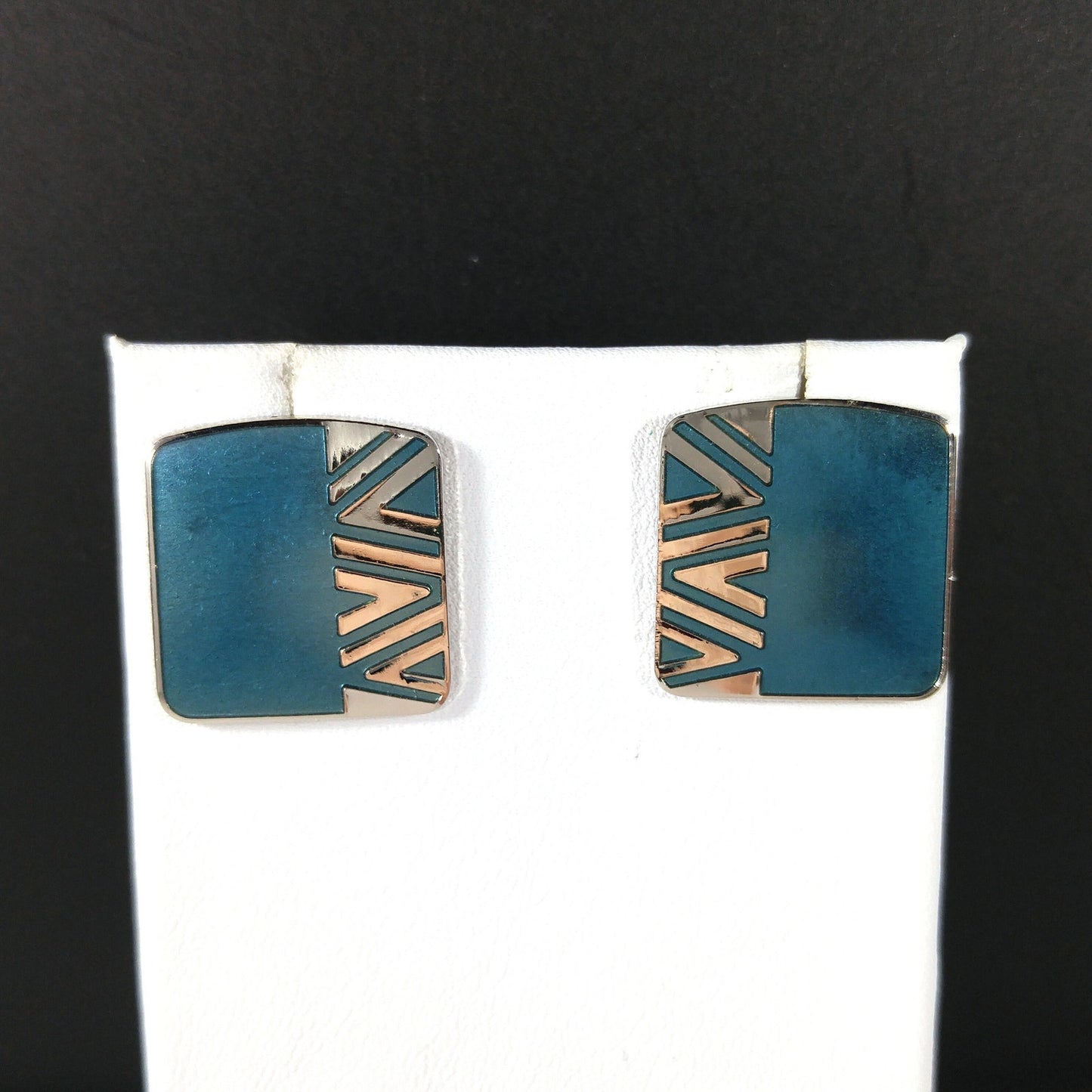 Vintage Laurel Burch Geometric Naito Blue Post Earrings, Rhodium Plated, 1980s