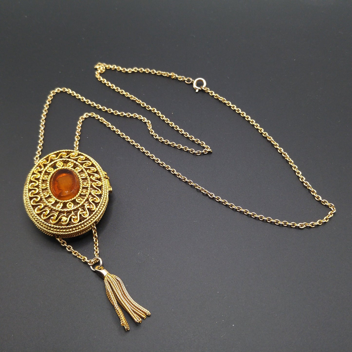 Glass Cameo Perfume Locket Necklace, 30" Chain, 1960s Vintage Jewelry