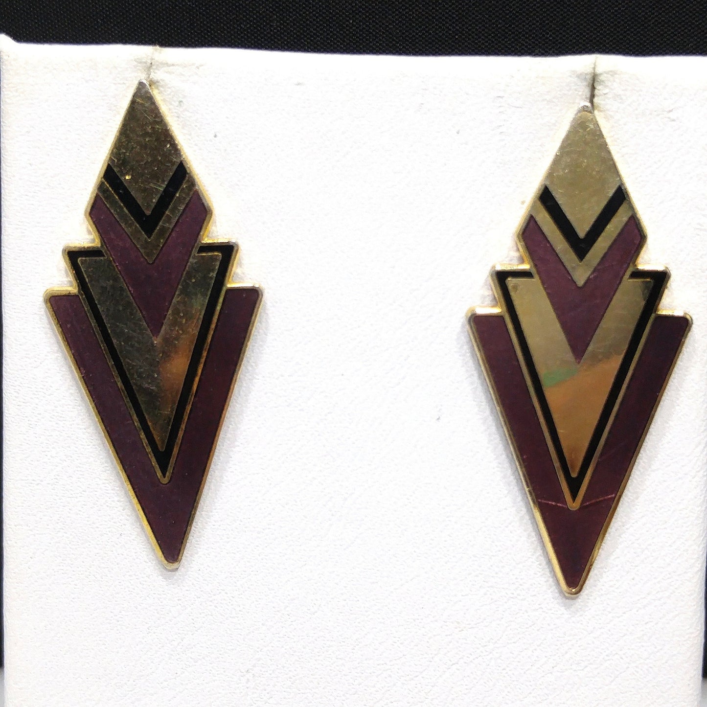 Vintage Laurel Burch Post Earrings, Gold Plated, Plum Black Enamel