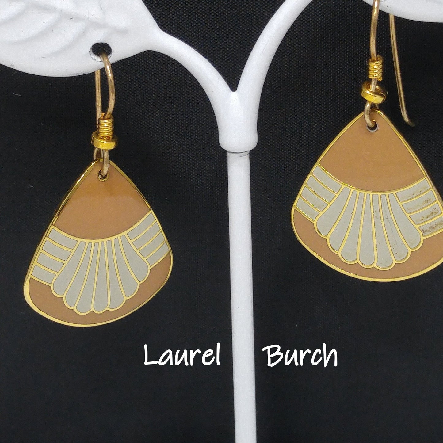 Vintage Laurel Burch Waterfall Earrings, Gold Plated, Beige & Gray Enamel