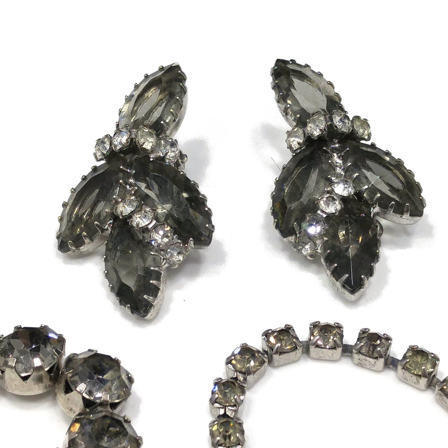 Black Diamond & Clear Rhinestone Jewelry Set, Necklace Bracelet Clip Earrings, 1950s Vintage Jewelry