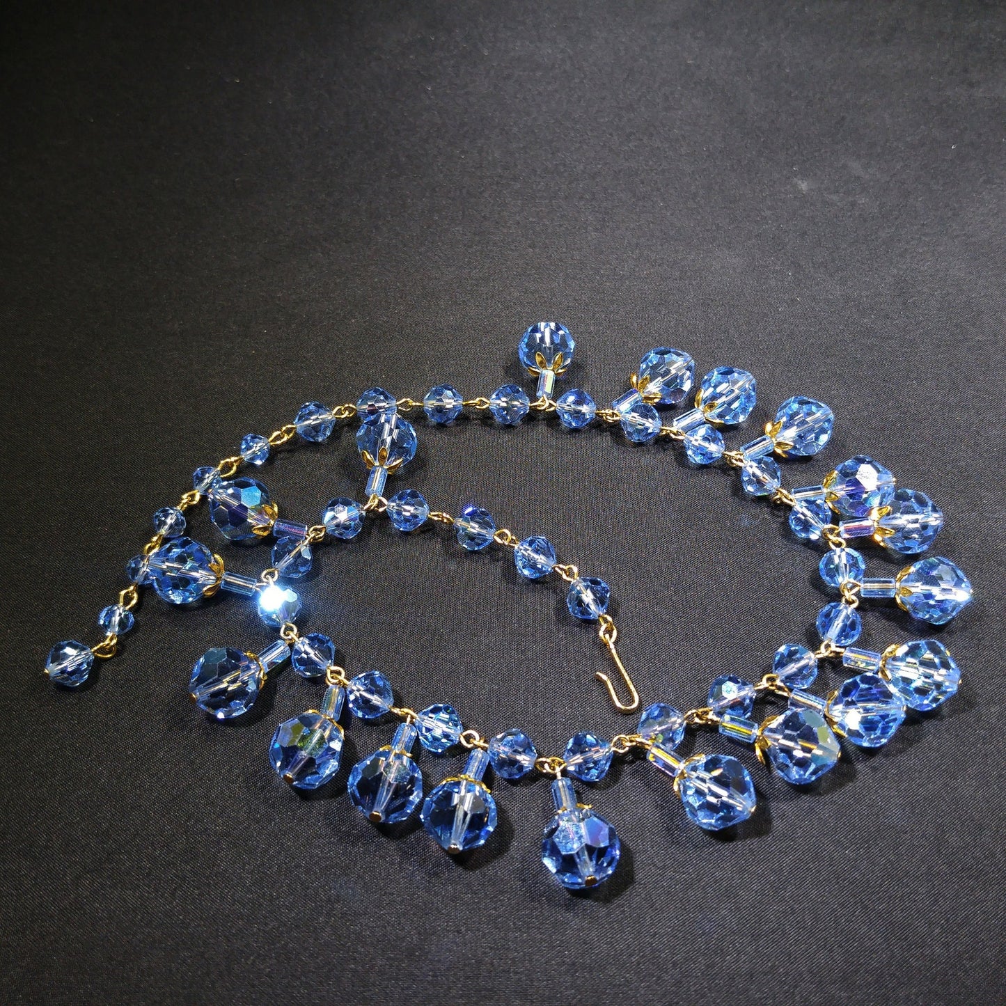 Blue Crystal Dangling Necklace, Light Blue Faceted Beads, 1960s Vintage Jewelry