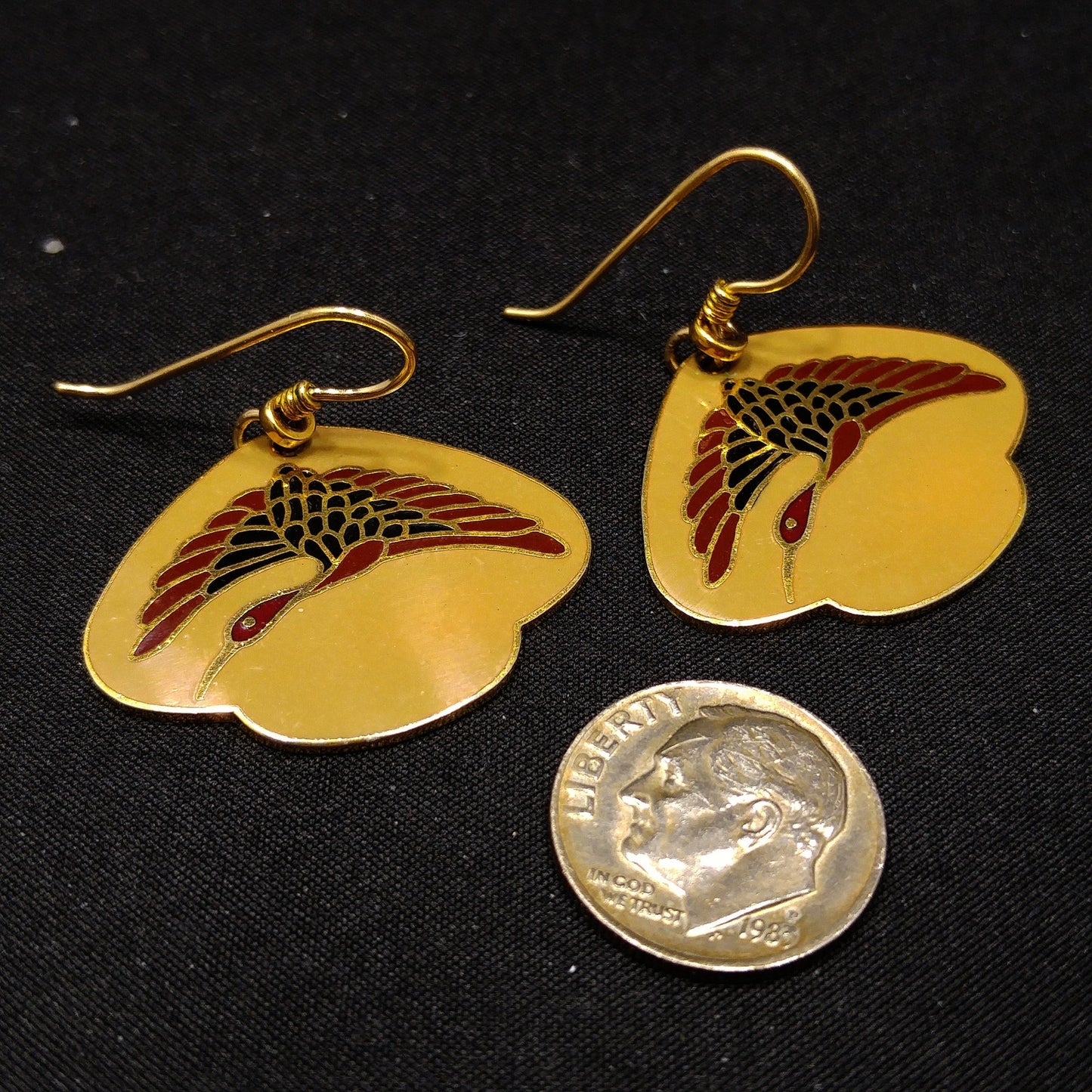 Vintage Laurel Burch Crane Bird Earrings, Gold Plated, Enamel Tan Dark Red Black