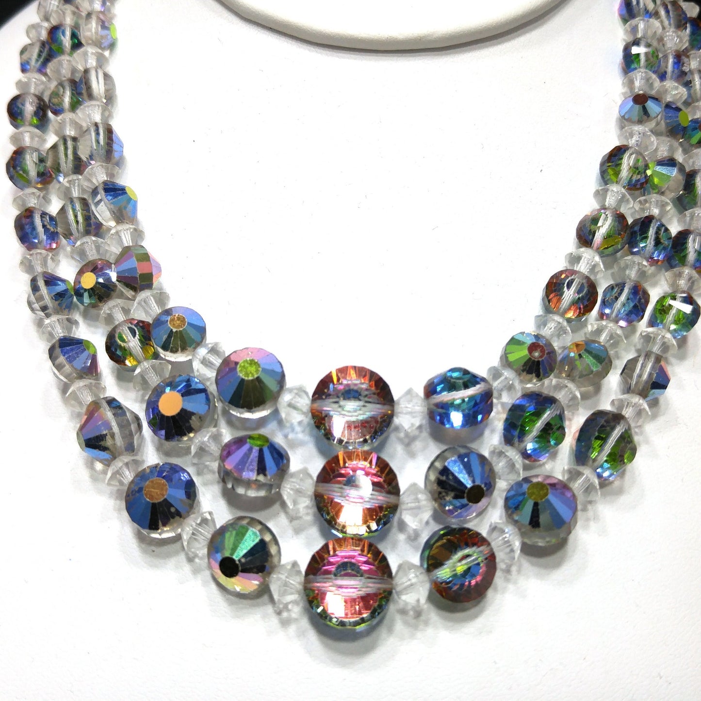 Vitrail Aurora Borealis Crystal Bead Necklace, Three Strands, 1960s Vintage Jewelry