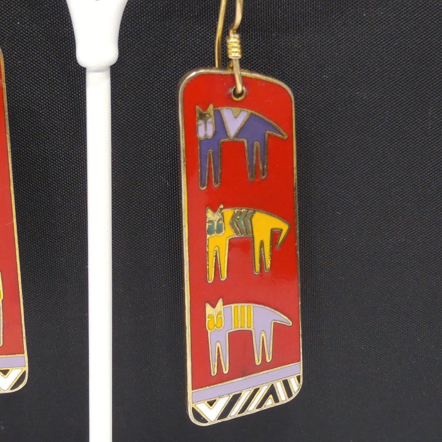 Laurel Burch "Hieroglyphic" Cats, Cloisonne Red Enamel, Gold Plated, 1980s Vintage Jewelry