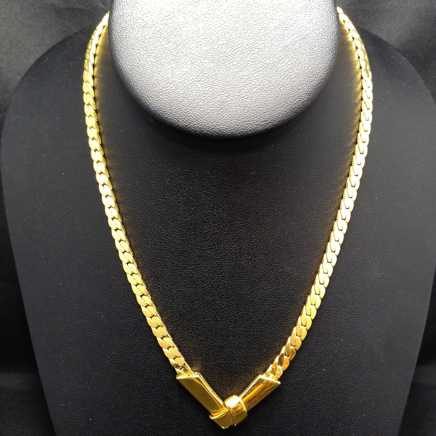Monet Herringbone Chain Necklace, Gold Plated, V Pendant, 1980s Vintage Jewelry