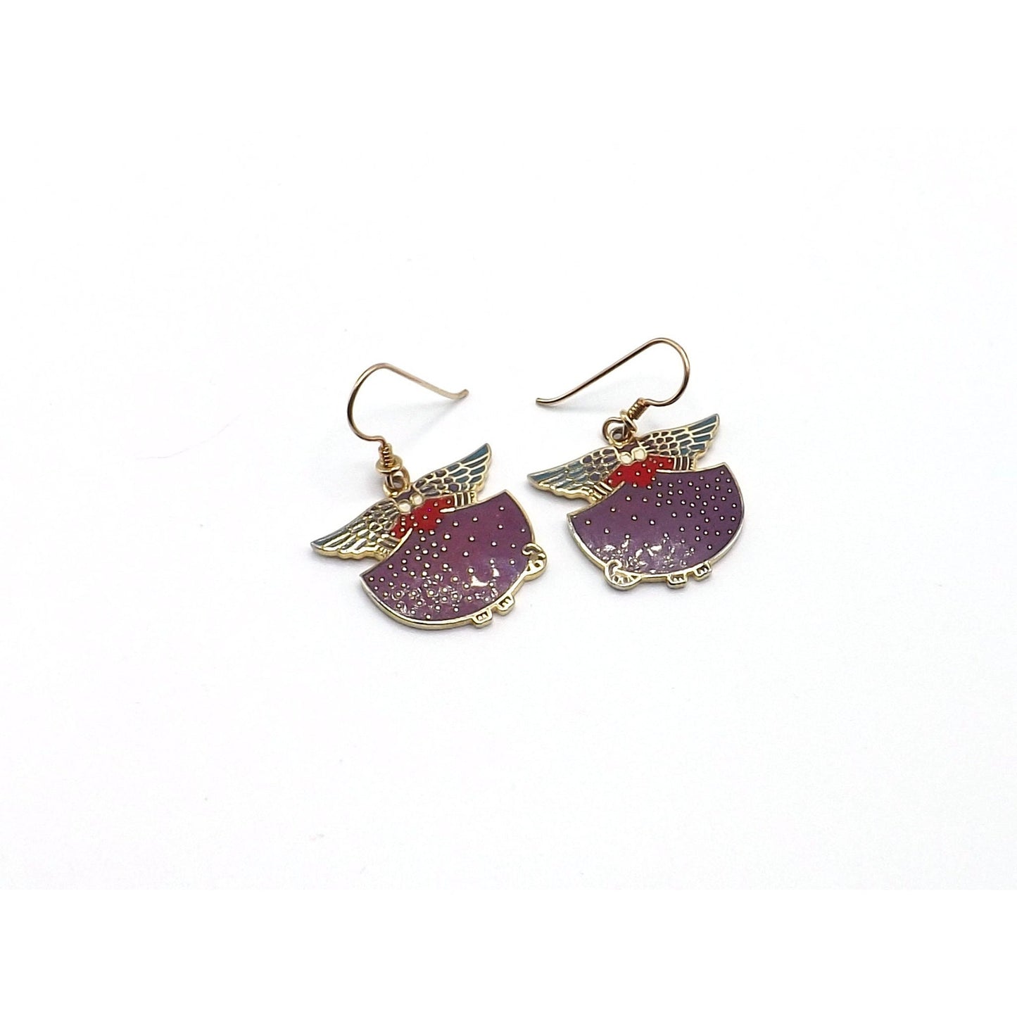 Laurel Burch "Angelicat" Earrings, Gold Plated Cloisonne & Enamel, Cat Lovers Earrings, 1980s Vintage Jewelry