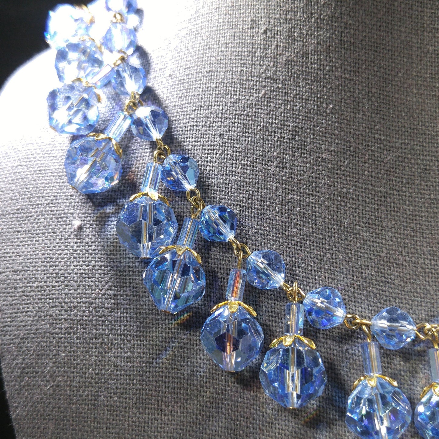 Blue Crystal Dangling Necklace, Light Blue Faceted Beads, 1960s Vintage Jewelry