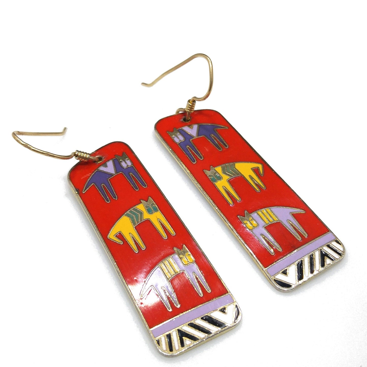 Laurel Burch "Hieroglyphic" Cats, Cloisonne Red Enamel, Gold Plated, 1980s Vintage Jewelry