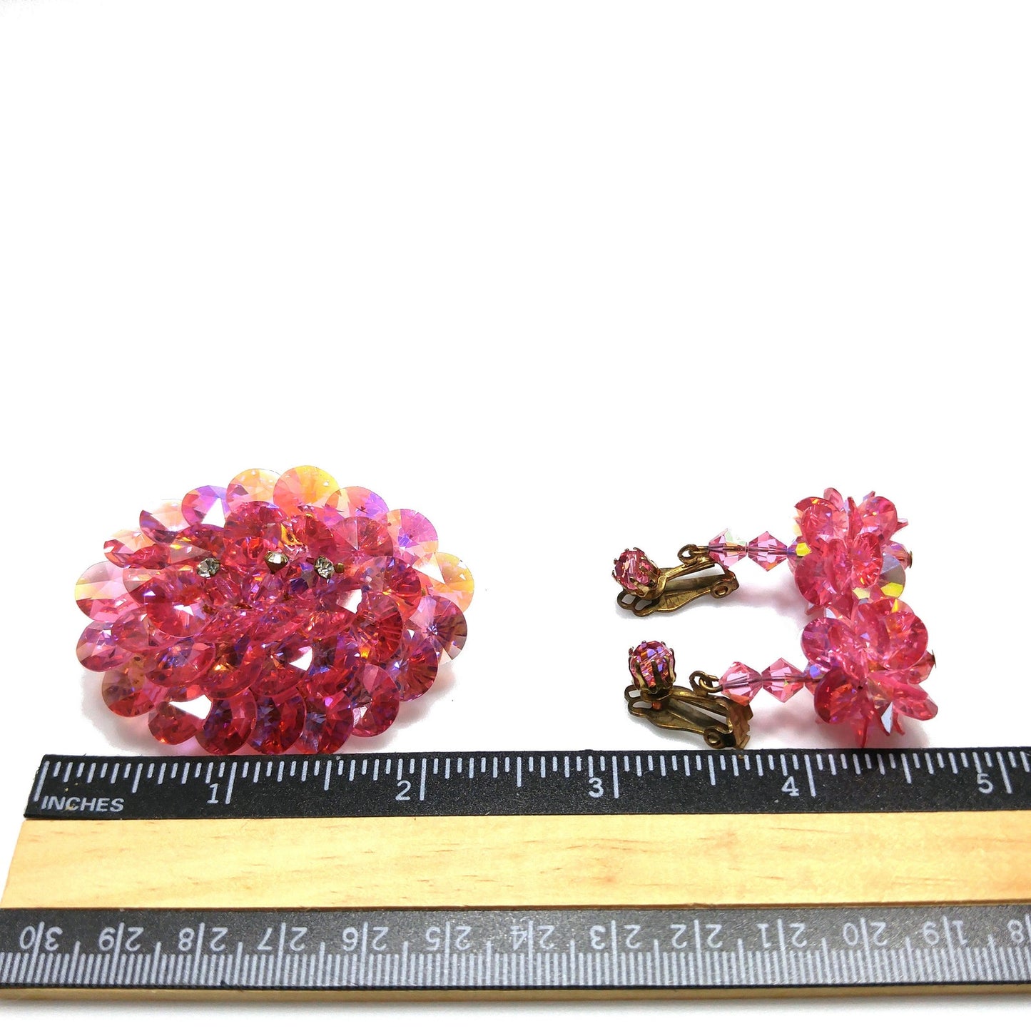 Pink Flat Crystal Brooch & Earrings, Aurora Borealis, 1960s Vintage Jewelry