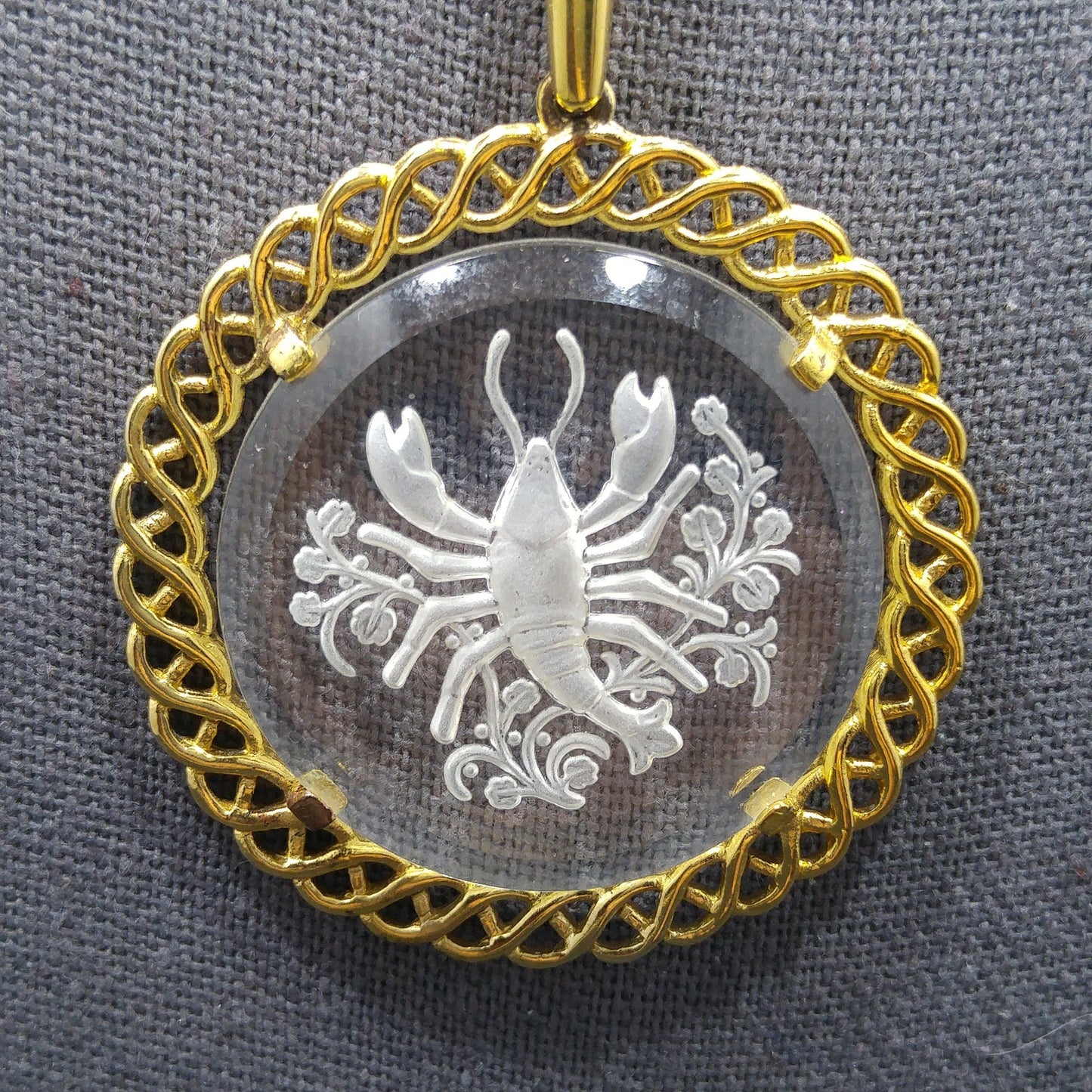 Vintage Crown Trifari Zodiac "Cancer" Necklace, Glass Intaglio Crab, Gold Plated, 1960s Vintage Jewelry