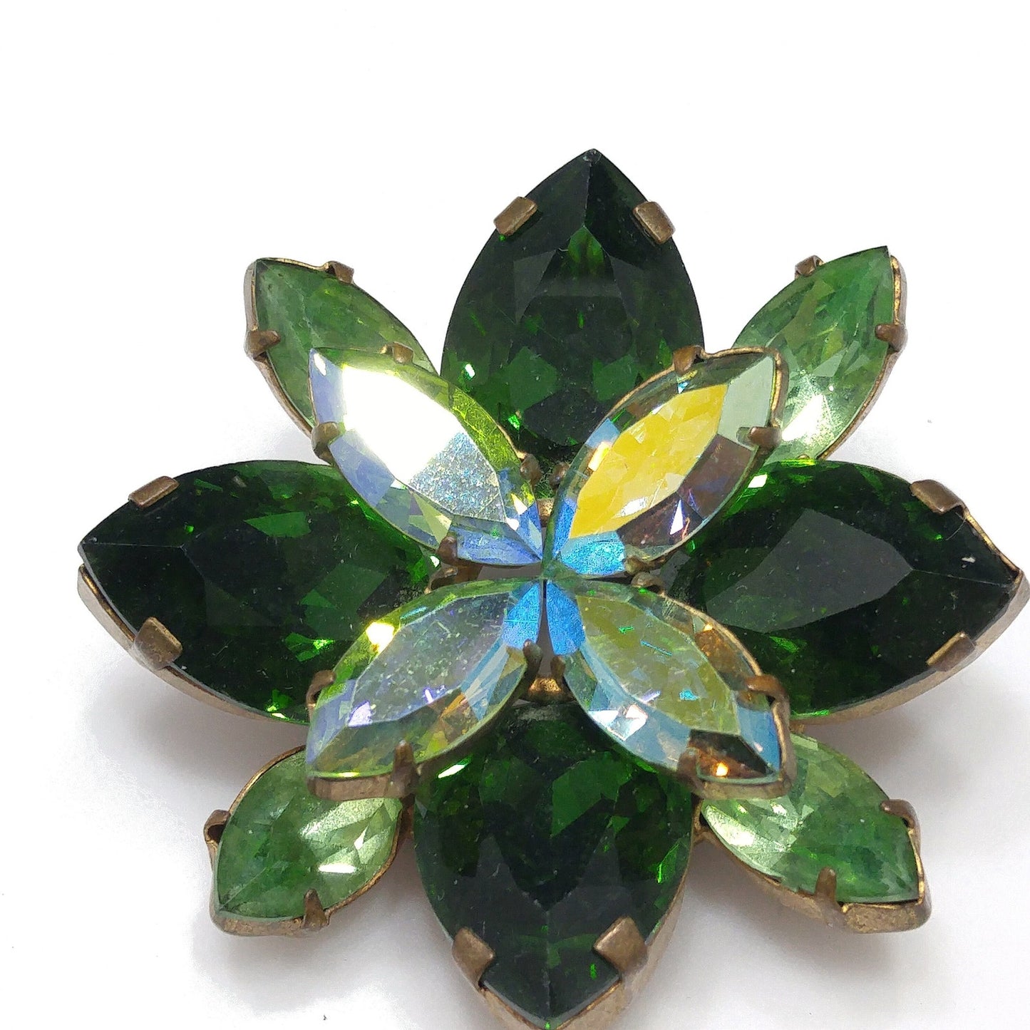 Austrian Green Crystal Rhinestone Brooch, Aurora Borealis, 1960s Vintage Jewelry