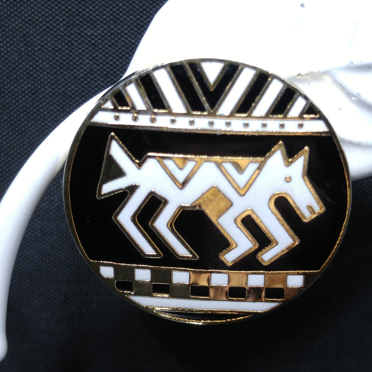 Laurel Burch "Coptic Horse" Earrings, Gold Plated, Black & White Enamel, 1980s