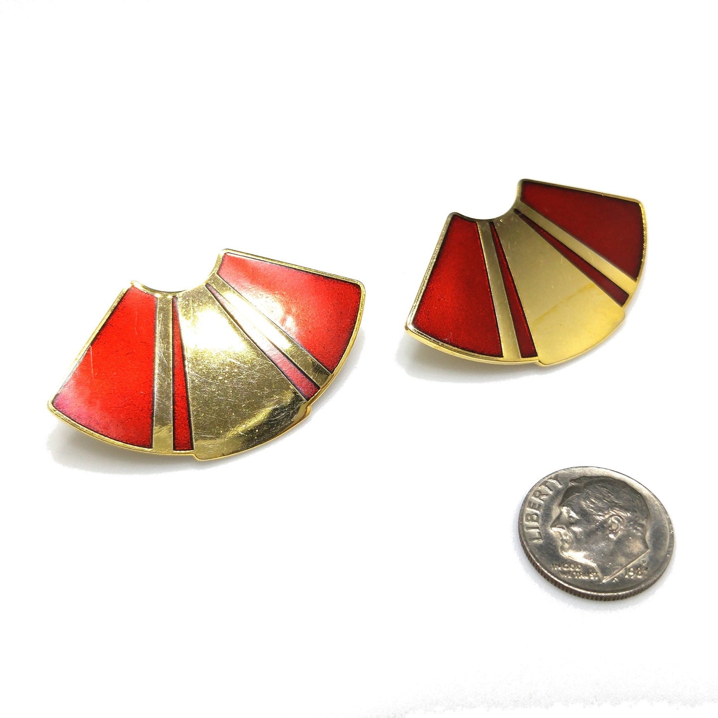 Laurel Burch Red Fan Post Earrings, Gold Plated, Red Metallic Enamel, 1980s